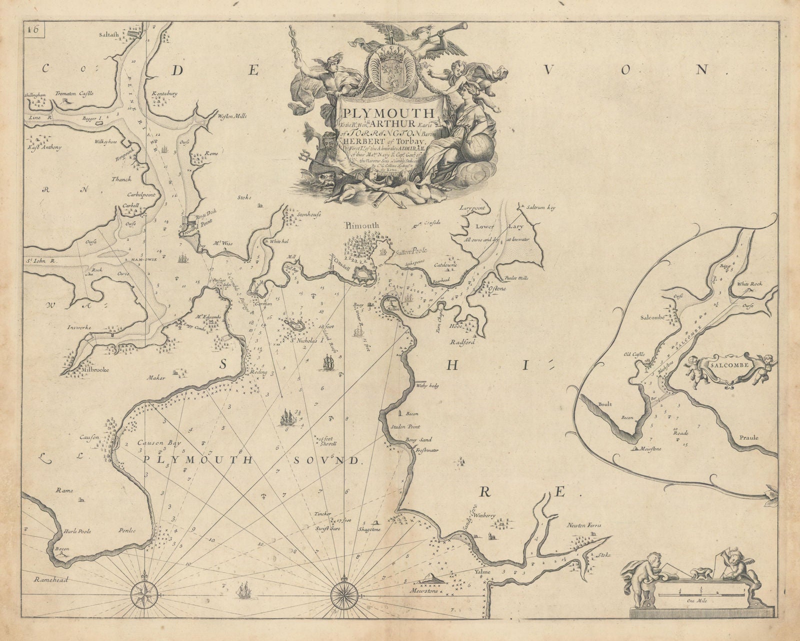PLYMOUTH SOUND & SALCOMBE sea chart. Kingsbridge estuary. COLLINS 1723 old map
